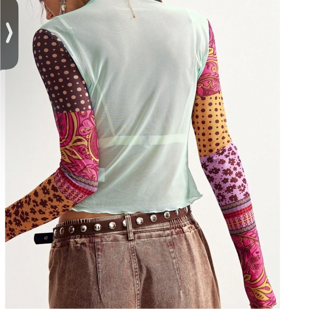 Boho Patchwork Long-Sleeve Mesh Top - Mint Multic… - image 5